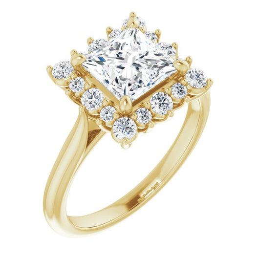 10K Yellow Gold Customizable Crown-Cathedral Princess/Square Cut Design with Clustered Large-Accent Halo & Ultra-thin Band