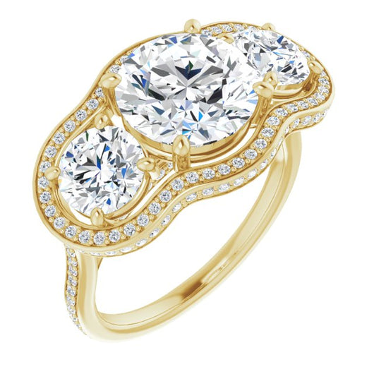 10K Yellow Gold Customizable 3-stone Round Cut Design with Multi-Halo Enhancement and 150+-stone Pavé Band