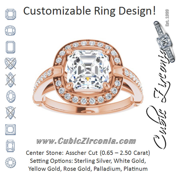 Cubic Zirconia Engagement Ring- The Ebba (Customizable High-Cathedral Asscher Cut Design with Halo and Shared Prong Band)