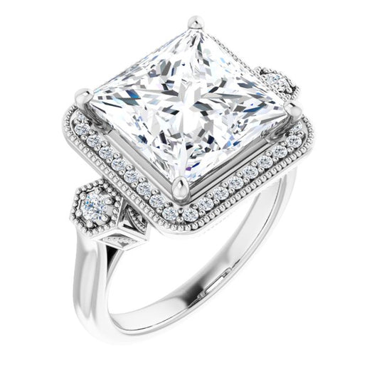 10K White Gold Customizable Cathedral Princess/Square Cut Design with Halo and Delicate Milgrain