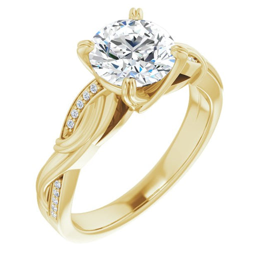 10K Yellow Gold Customizable Cathedral-raised Round Cut Design featuring Rope-Braided Half-Pavé Band