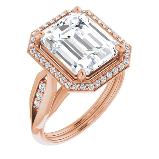 10K Rose Gold Customizable Cathedral-raised Emerald/Radiant Cut Design with Halo and Tri-Cluster Band Accents