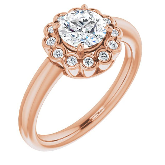 10K Rose Gold Customizable 13-stone Round Cut Design with Floral-Halo Round Bezel Accents