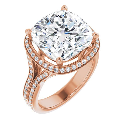 10K Rose Gold Customizable Cathedral-raised Cushion Cut Setting with Halo and Shared Prong Band