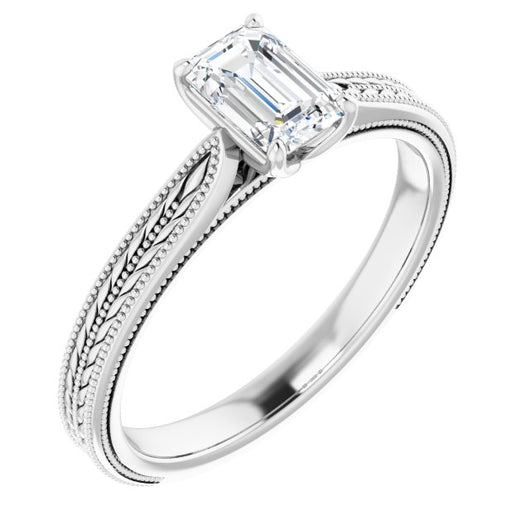 10K White Gold Customizable Emerald/Radiant Cut Solitaire with Wheat-inspired Band 