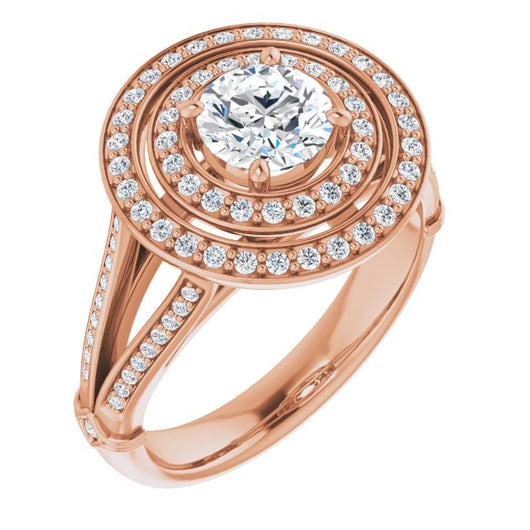 10K Rose Gold Customizable Cathedral-set Round Cut Design with Double Halo, Wide Split-Shared Prong Band and Side Knuckle Accents