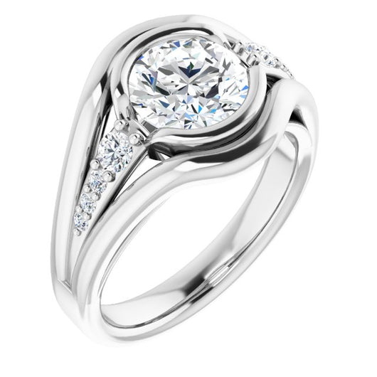 10K White Gold Customizable 9-stone Round Cut Design with Bezel Center, Wide Band and Round Prong Side Stones