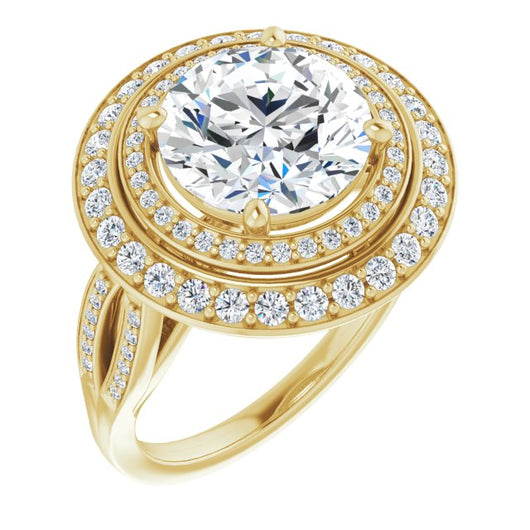 10K Yellow Gold Customizable Cathedral-style Round Cut Design with Double Halo & Split-Pavé Band