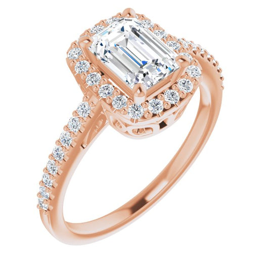 10K Rose Gold Customizable Cathedral-Crown Emerald/Radiant Cut Design with Halo and Accented Band