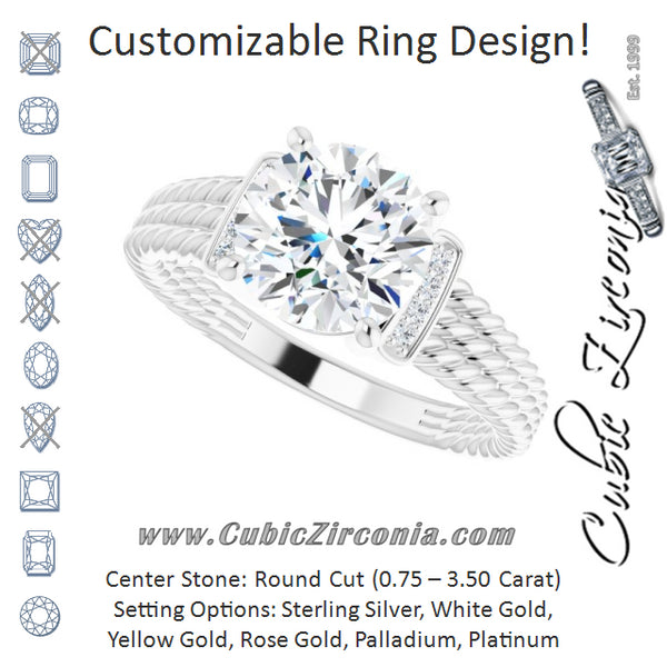 Cubic Zirconia Engagement Ring- The Junio (Customizable 11-stone Design featuring Round Cut Center, Vertical Round-Channel Accents & Wide Triple-Rope Band)