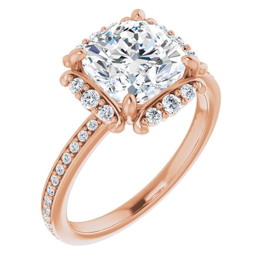 10K Rose Gold Customizable Cushion Cut Style with Halo and Thin Shared Prong Band