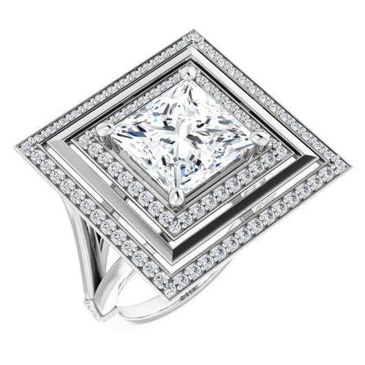 10K White Gold Customizable Princess/Square Cut Oversized 2x Halo Style with Knuckle Accented Split Band