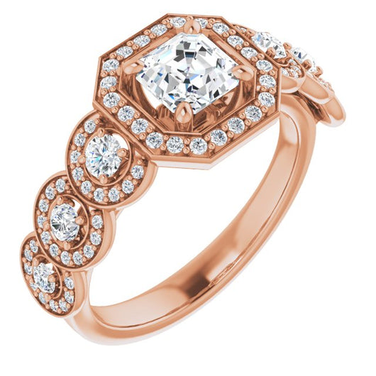 10K Rose Gold Customizable Cathedral-set Asscher Cut 7-stone style Enhanced with 7 Halos