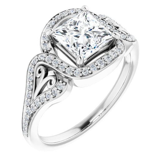 10K White Gold Customizable Princess/Square Cut Design with Bypass Halo and Split-Shared Prong Band