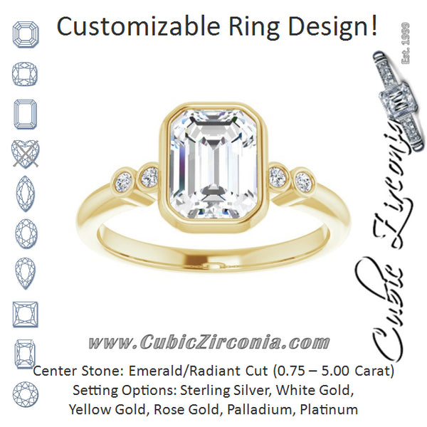 Cubic Zirconia Engagement Ring- The Mandira (Customizable 5-stone Bezel-set Emerald Cut Design with Quad Round-Bezel Side Stones)