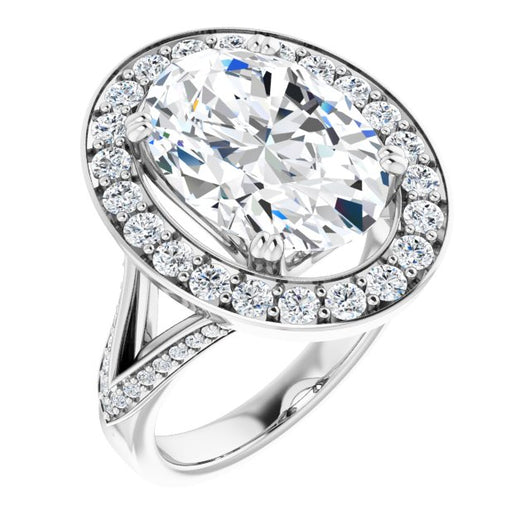 10K White Gold Customizable Oval Cut Center with Large-Accented Halo and Split Shared Prong Band