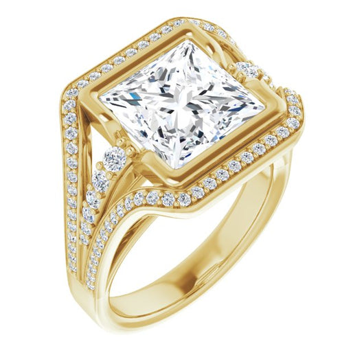 10K Yellow Gold Customizable Cathedral-Bezel Princess/Square Cut Design with Wide Triple-Split-Pavé Band