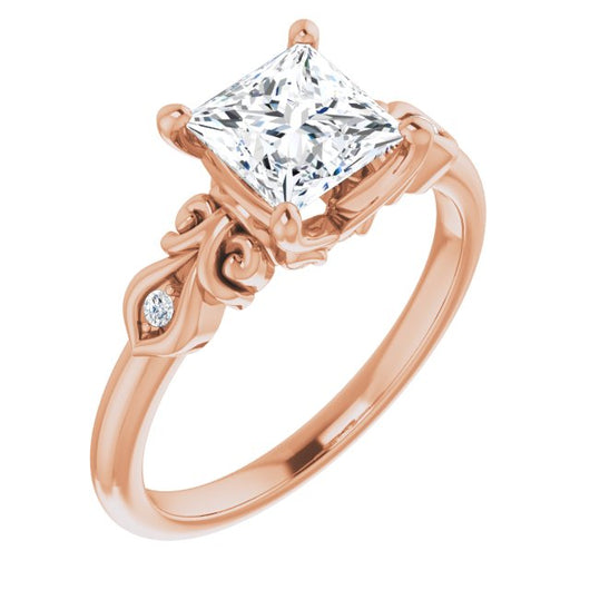 10K Rose Gold Customizable 3-stone Princess/Square Cut Design with Small Round Accents and Filigree