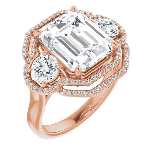 10K Rose Gold Customizable Cathedral-set Enhanced 3-stone Emerald/Radiant Cut Design with Multidirectional Halo