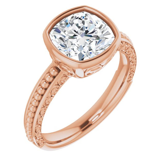 10K Rose Gold Customizable Bezel-set Cushion Cut Solitaire with Beaded and Carved Three-sided Band