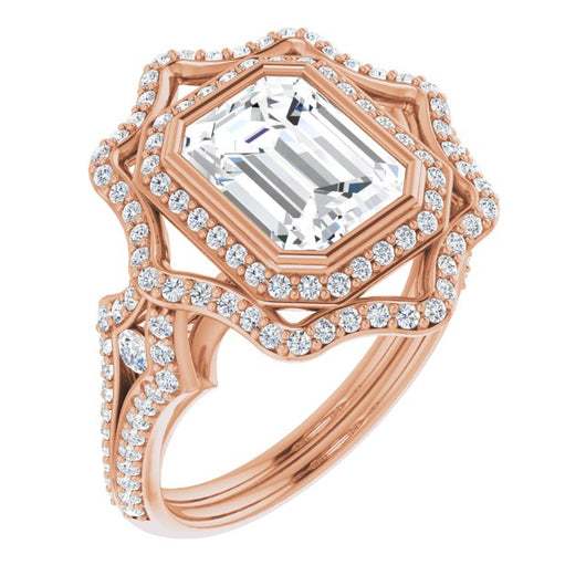 10K Rose Gold Customizable Emerald/Radiant Cut Style with Ultra-wide Pavé Split-Band and Nature-Inspired Double Halo