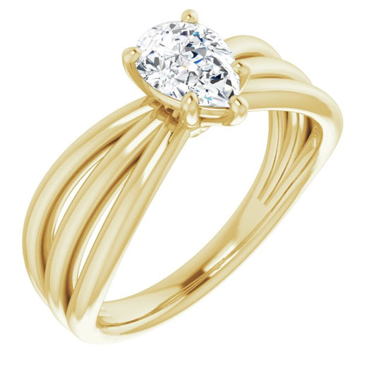 10K Yellow Gold Customizable Pear Cut Solitaire Design with Wide, Ribboned Split-band