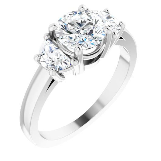 10K White Gold Customizable 3-stone Design with Round Cut Center and Half-moon Side Stones