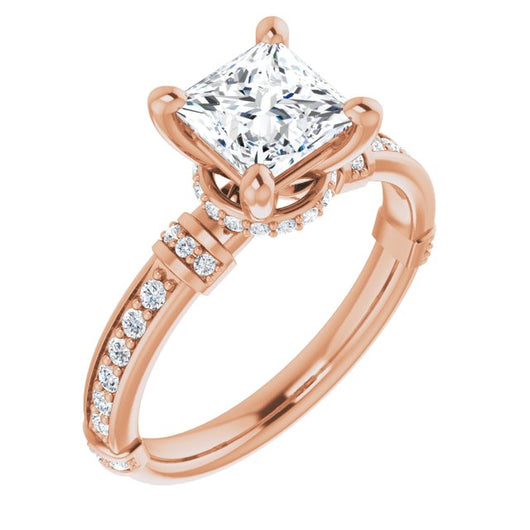 10K Rose Gold Customizable Princess/Square Cut Style featuring Under-Halo, Shared Prong and Quad Horizontal Band Accents