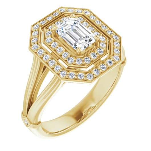 10K Yellow Gold Customizable Cathedral-set Emerald/Radiant Cut Design with Double Halo, Wide Split Band and Side Knuckle Accents