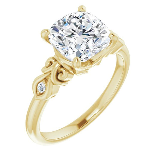 10K Yellow Gold Customizable 3-stone Cushion Cut Design with Small Round Accents and Filigree