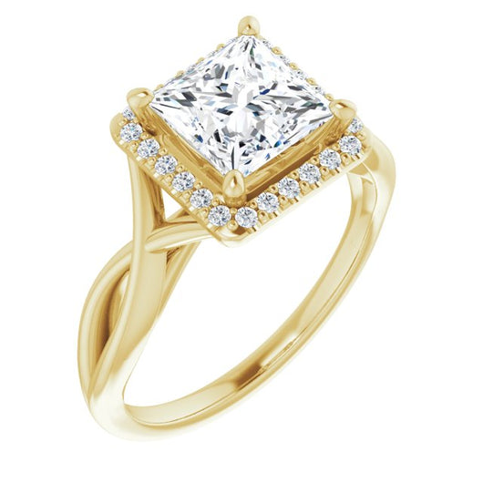 10K Yellow Gold Customizable Cathedral-Halo Princess/Square Cut Design with Twisting Split Band