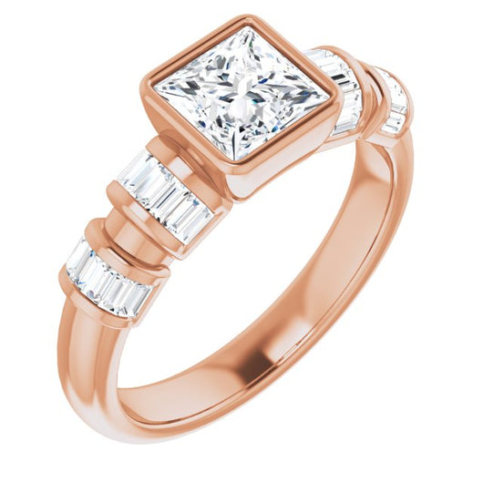 10K Rose Gold Customizable Bezel-set Princess/Square Cut Design with Quad Horizontal Band Sleeves of Baguette Accents