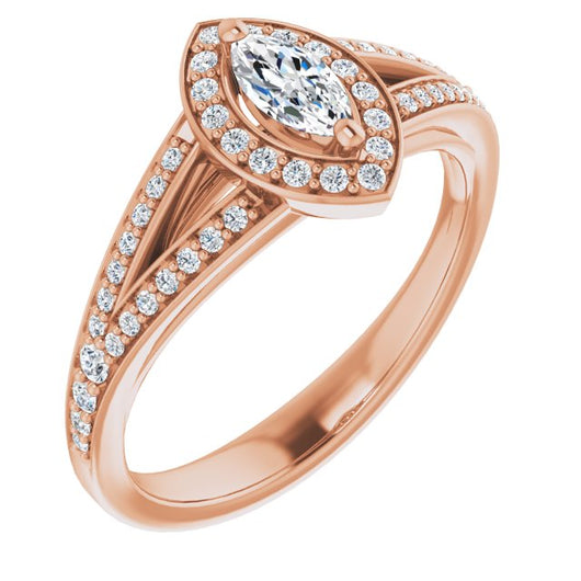 10K Rose Gold Customizable Cathedral-Halo Marquise Cut Style featuring Split-Shared Prong Band