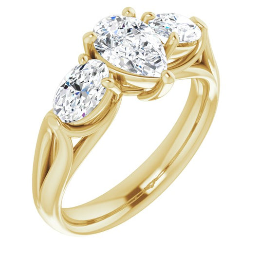 10K Yellow Gold Customizable Cathedral-set 3-stone Pear Cut Style with Dual Oval Cut Accents & Wide Split Band