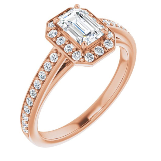 10K Rose Gold Customizable Emerald/Radiant Cut Style with Halo and Sculptural Trellis