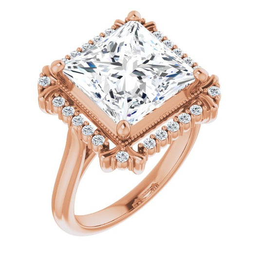 10K Rose Gold Customizable Princess/Square Cut Design with Majestic Crown Halo and Raised Illusion Setting