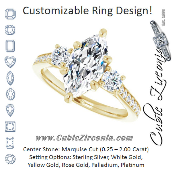 Cubic Zirconia Engagement Ring- The Tess (Customizable Marquise Cut Cathedral Setting with Filigree Design and Shared Prong Band)