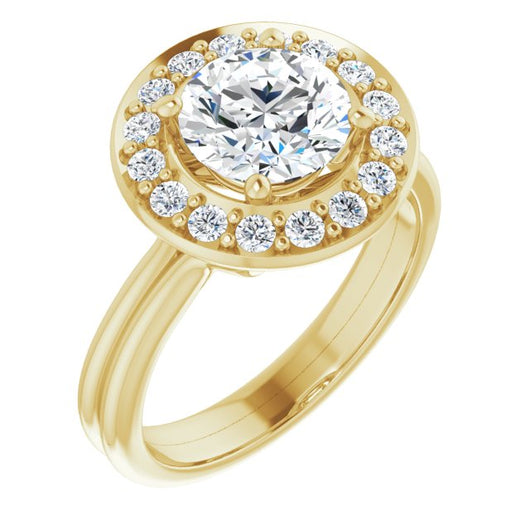 10K Yellow Gold Customizable Cluster-Halo Accented Round Cut Style with Tapered Dual Band