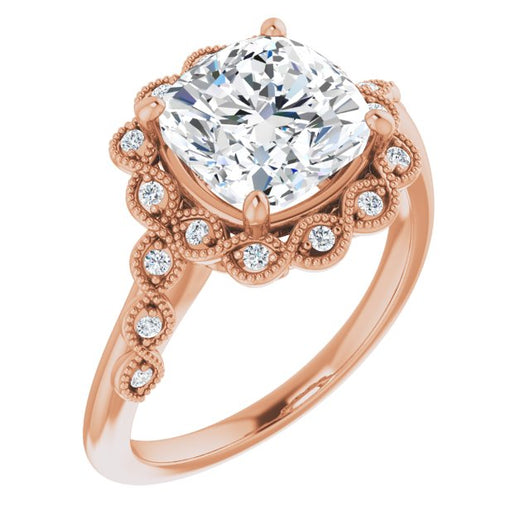 10K Rose Gold Customizable 3-stone Design with Cushion Cut Center and Halo Enhancement