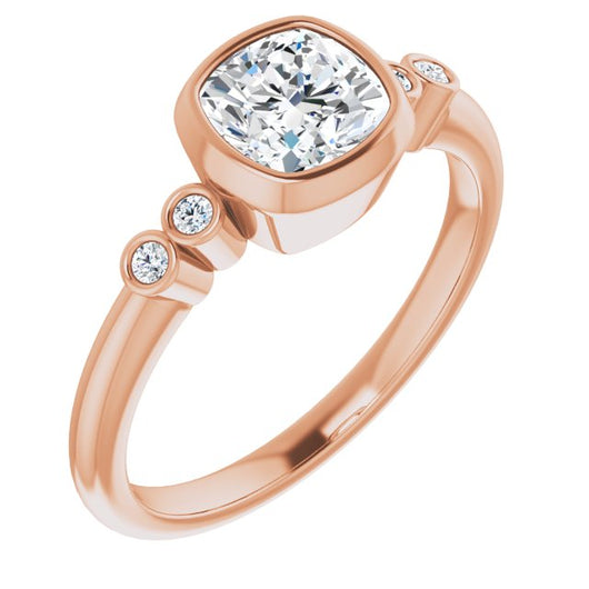 10K Rose Gold Customizable 5-stone Bezel-set Cushion Cut Design with Quad Round-Bezel Side Stones