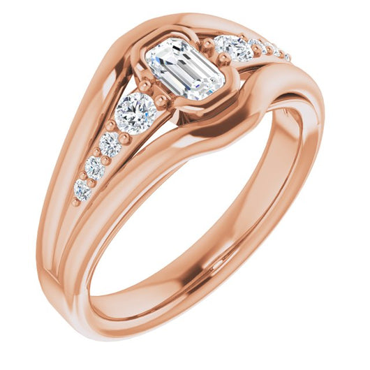 10K Rose Gold Customizable 9-stone Emerald/Radiant Cut Design with Bezel Center, Wide Band and Round Prong Side Stones