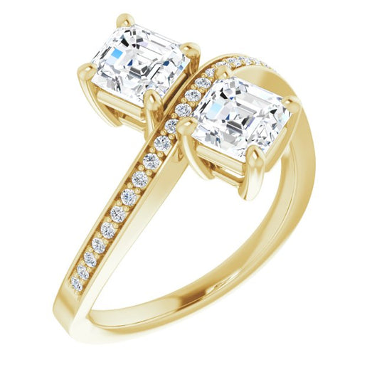 10K Yellow Gold Customizable 2-stone Asscher Cut Bypass Design with Thin Twisting Shared Prong Band