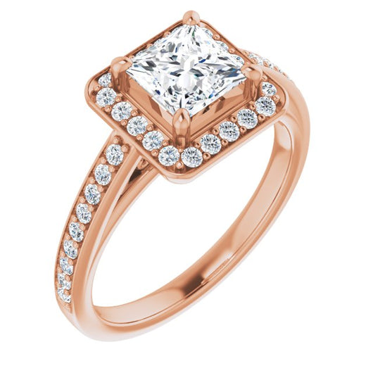 10K Rose Gold Customizable Princess/Square Cut Style with Halo and Sculptural Trellis