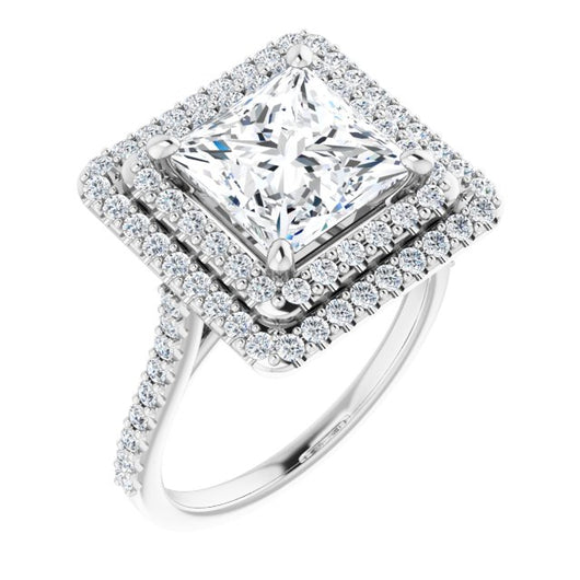 10K White Gold Customizable Double-Halo Princess/Square Cut Design with Accented Split Band