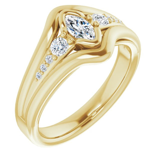 10K Yellow Gold Customizable 9-stone Marquise Cut Design with Bezel Center, Wide Band and Round Prong Side Stones