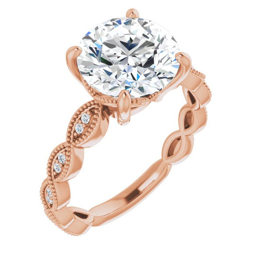 10K Rose Gold Customizable Round Cut Artisan Design with Scalloped, Round-Accented Band and Milgrain Detail