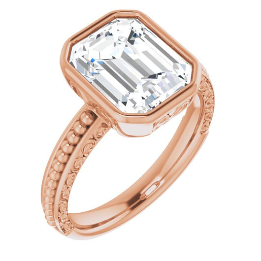 10K Rose Gold Customizable Bezel-set Emerald/Radiant Cut Solitaire with Beaded and Carved Three-sided Band