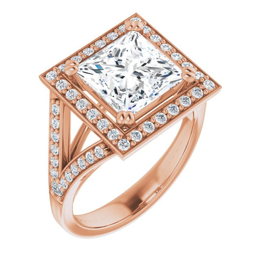 10K Rose Gold Customizable Cathedral-set Princess/Square Cut Style with Accented Split Band and Halo