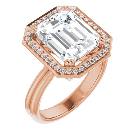 10K Rose Gold Customizable Emerald/Radiant Cut Style with Scooped Halo and Grooved Band