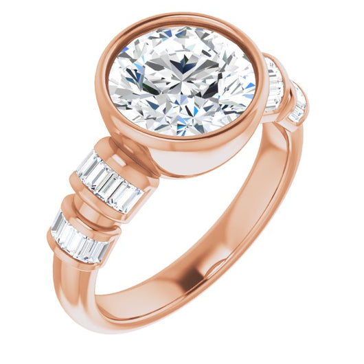 18K Rose Gold Customizable Bezel-set Round Cut Design with Quad Horizontal Band Sleeves of Baguette Accents